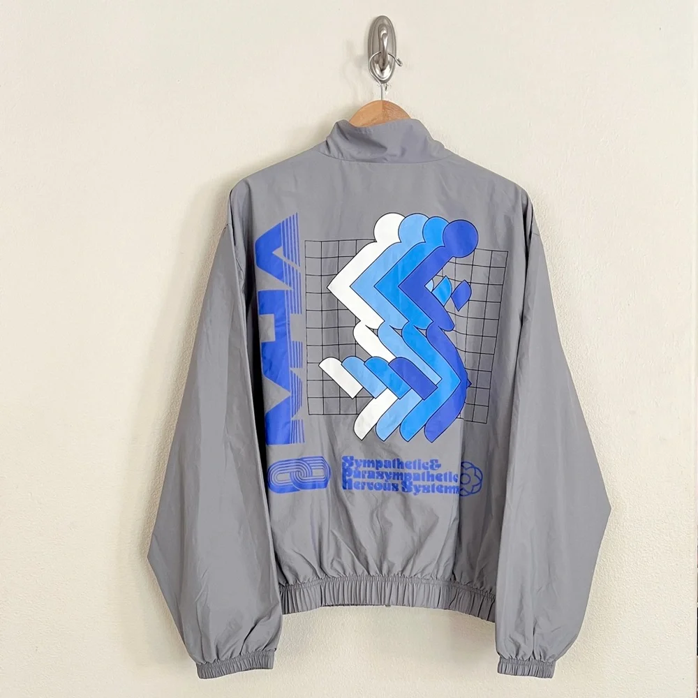 MADHAPPY Athletics Nylon Warm Up Graphic Bomber Jacket in Grey
